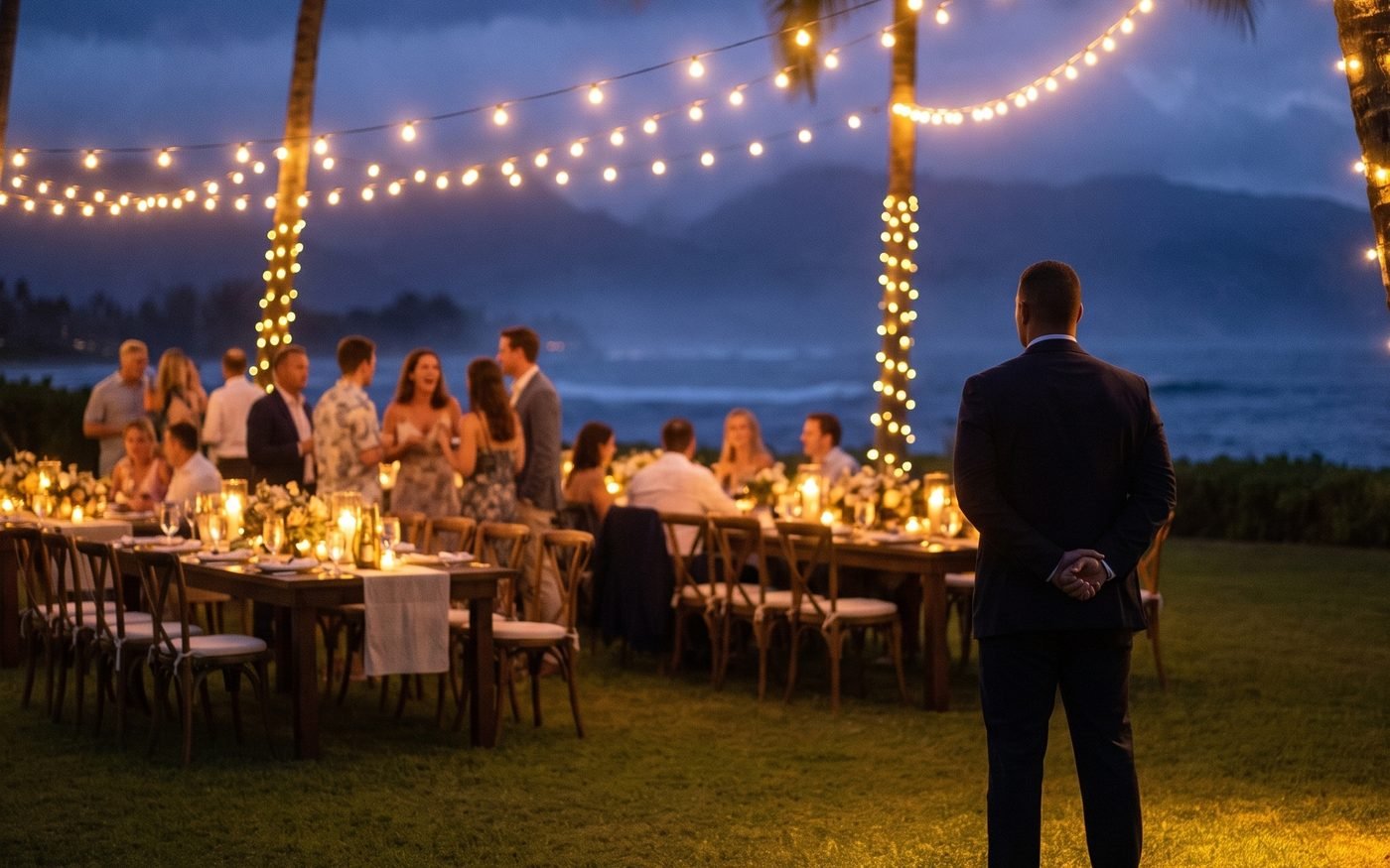 A security officer standing at the edge of an oceanfront evening event lit with string lights
