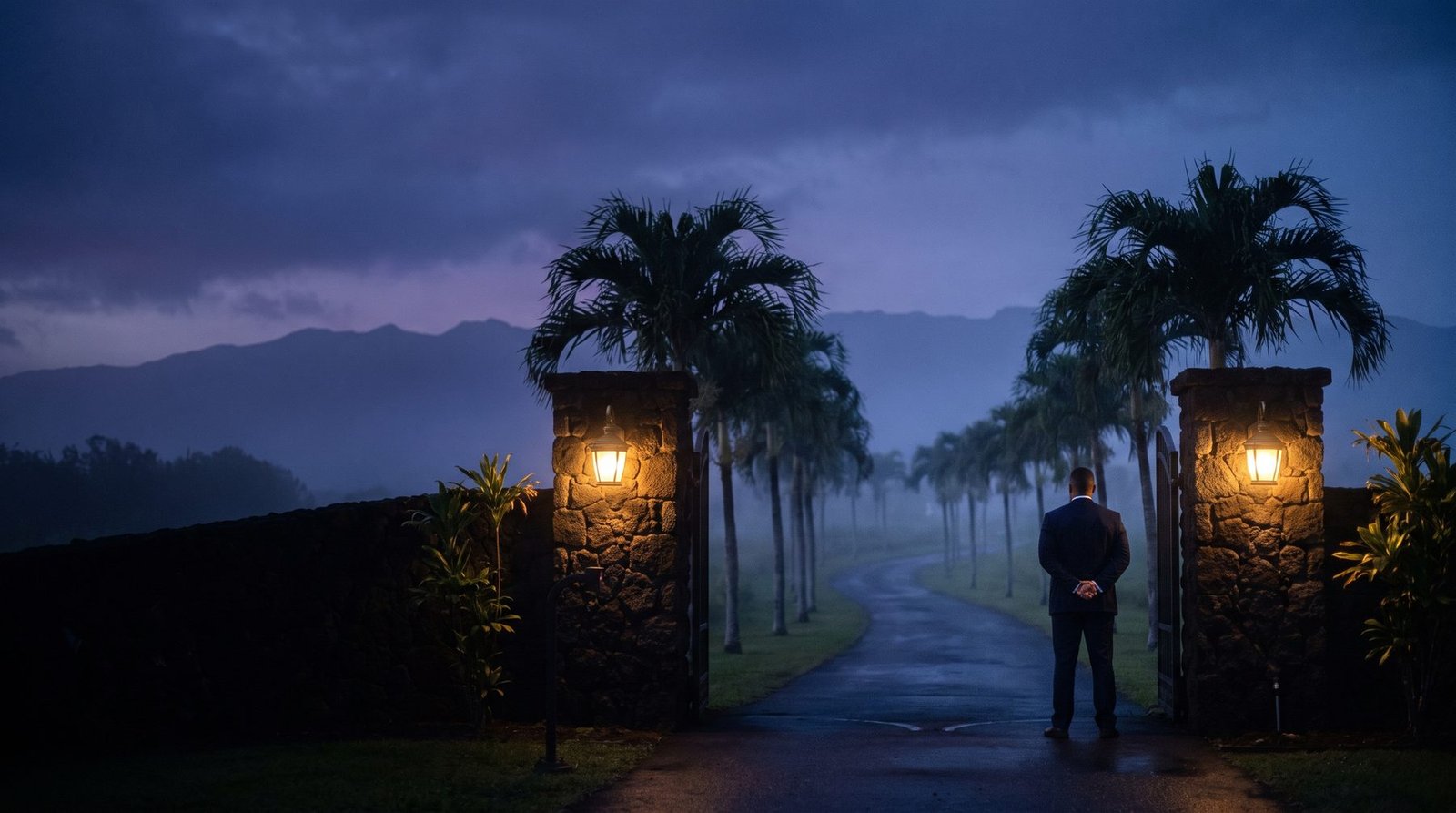 A security officer standing at the lit stone gate of a Maui estate at dusk