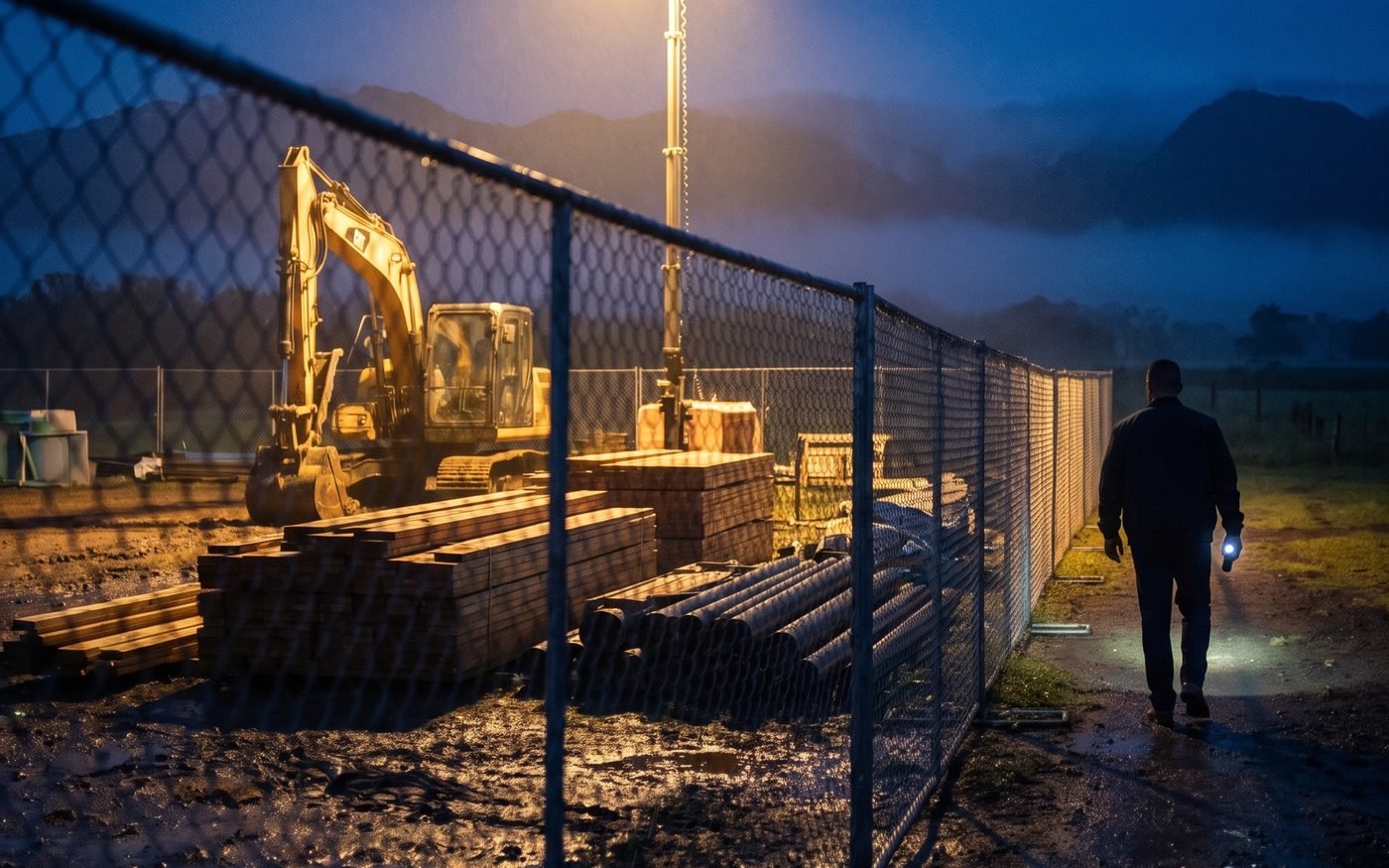 A security officer walking the fence line of a floodlit construction yard at night with a flashlight