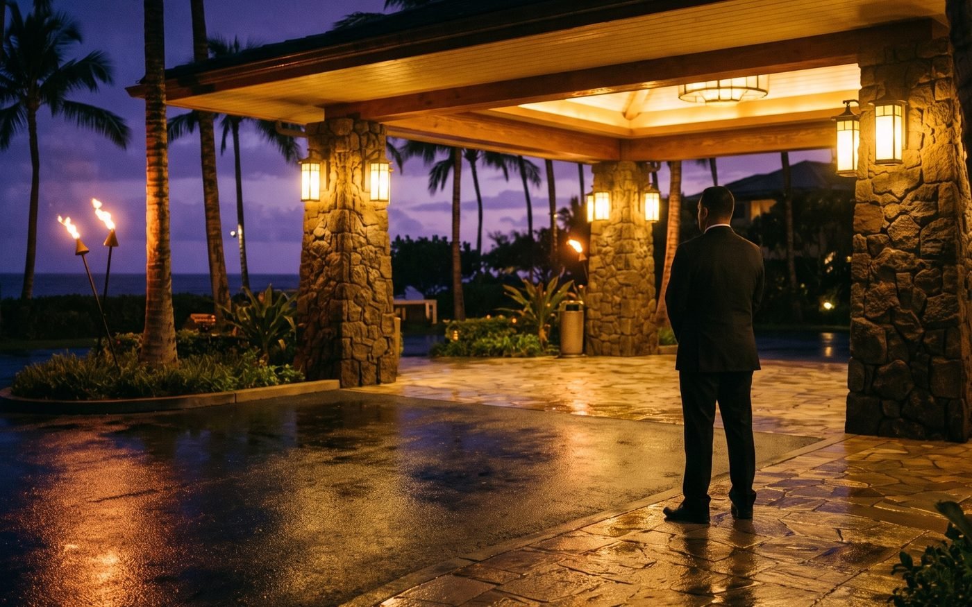 A security officer in a dark suit standing at the lit stone entrance of an oceanfront property at night