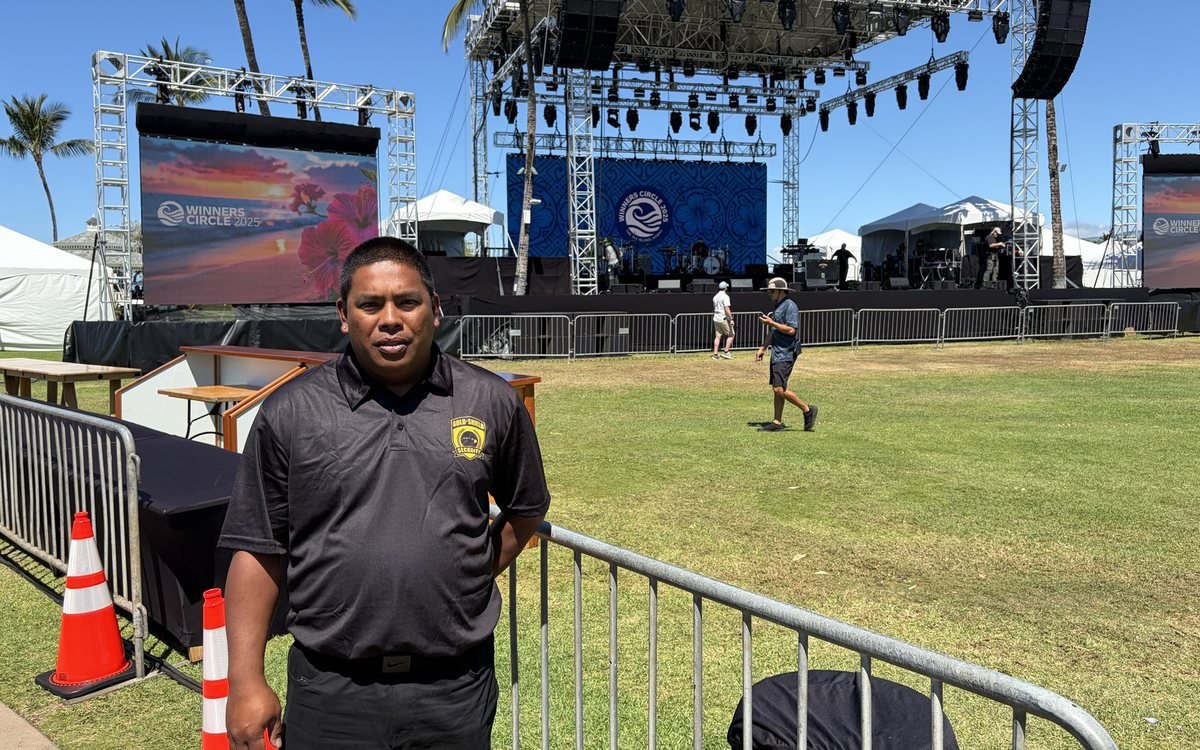 A Gold-Shield officer at the barricade line in front of a main stage